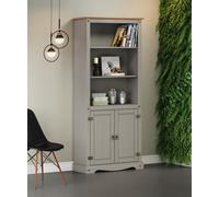 Mercers Furniture Corona Grey Wax 2 Door Bookcase 3 Shelf Display Cabinet Solid Pine With Mexican Styling