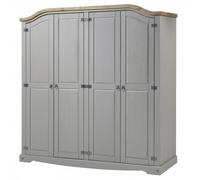 Mercers Furniture Corona Grey Wax 4 Door Arch Top Wardrobe Solid Wood Pine Wooden Rustic Mexican Styling Bedroom