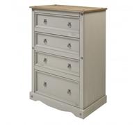 Mercers Furniture Corona Grey Wax Compact 4 Drawer Chest Of Drawers Solid Pine With Mexican Styling