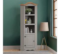 Mercers Furniture Corona Grey Wax Corner Display Unit 1 Door 3 Shelf Bookcase Open Storage Solid Pine With Mexican Styling