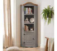 Mercers Furniture Corona Grey Wax Corner Display Unit 1 Door 3 Shelf Bookcase Open Storage Solid Wood Pine Wooden Painted Mexican