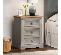 Mercers Furniture Corona Grey Wax Large 3 Drawer Bedside Cabinet Chest Table Solid Wood Pine Wooden Bedroom With Mexican Styling