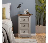 Mercers Furniture Corona Grey Wax Narrow 3 Drawer Bedside Cabinet Chest Table Solid Pine With Mexican Styling
