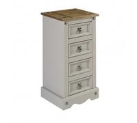 Mercers Furniture Corona Grey Wax Narrow 4 Drawer Bedside Cabinet Chest Table Solid Pine With Mexican Styling