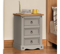 Corona Grey 3 Drawer Medium Bedside Cabinet Solid Wood Pine Wooden Side End Lamp Table Unit Bedroom Lounge Living Room Hallway Mexican Style 64cm High 45cm Wide 35cm Deep