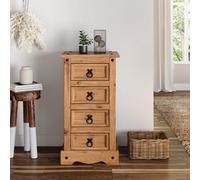 Mercers Furniture Corona Narrow 4 Drawer Bedside Cabinet Solid Wood Pine Wooden Lamp Stand Tall Slim Bedroom Hallway Living Room Mexican 74cm High 35cm Wide 33cm Deep