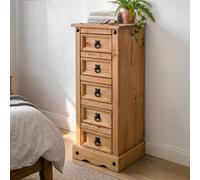 Mercers Furniture Corona Narrow 5 Drawer Chest Bedside Cabinet Table Night Stand Tall Slim Side End Lamp Unit Drawers Bedroom Mexican Pine Wood Solid Wooden 89cm High. 35cm Wide. 33cm Deep.