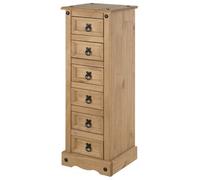 Mercers Furniture Corona Narrow 6 Drawer Chest Bedside Cabinet Solid Wood Mexican Pine Wooden Night Stand Lamp Table Side End Storage Drawers Bedroom Living Room Office 105cm High 35cm Wide 33cm Deep