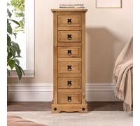Mercers Furniture Corona Narrow 6 Drawer Chest Bedside Cabinet Solid Wood Mexican Pine Wooden Night Stand Lamp Table Side End Storage Drawers Bedroom Living Room Office 105cm High 35cm Wide 33cm Deep