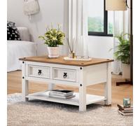 Mercers Furniture Corona White 2 Drawer 1 Shelf Coffee Table Solid Wood Pine Wooden With Mexican Styling