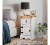 Mercers Furniture Corona White Bedside Table Cabinet Narrow Pot Cupboard 1 Door 1 Drawer Solid Wood Pine Wooden Mexican Styling