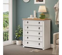 Mercers Furniture Corona White Small 5 Drawer Chest Solid Wood Pine Wooden With Mexican Shabby Chic Styling