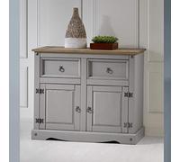 Mercers Furniture Trade Corona 2 Door Sideboard Grey 2 Drawers Solid Wood Pine Cabinet Dresser Cupboard Small Painted Wax Wooden Kitchen Living Room Lounge Hallway Bedroom Unit Mexican Style