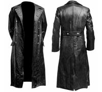 MERCH ATTIRE German Classic Officer WW2 Military Uniform Black Leather Trench Coat