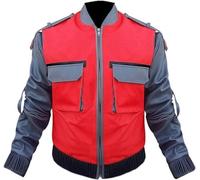 MERCH ATTIRE Marty Leather Superhero Jacket- Mcfly Red And Gray Bomber Faux Leather For Men