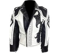 MERCH ATTIRE Mens Studded Fringe Cowboy Black & White Western Style Leather Jacket