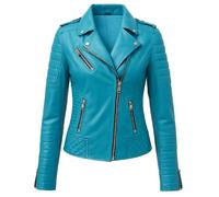 MERCH ATTIRE Womens Teal Premium Leather Quilted Biker Jacket with Asymmetrical Zip & Ribbed Sleeve Detail