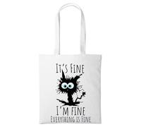 Merch Kingdom It’s Fine I’m Fine Everything Is Fine Cute Cat Joke Funny Gift Tote Re Useable Shopping Bag (White)