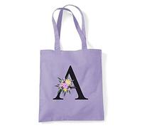 Merch Kingdom Personalised Floral Alphabet Any Letter Initial Tote Shopping Shopper Bag Gift - Lavender - Letter A
