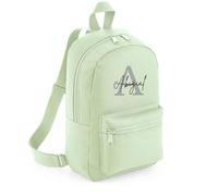 Merch Kingdom Personalised Letter Backpack - Any Name Rucksack - Girls Mini School Bag - Great for PE, After School Club and Nursery (Pistachio w/Grey Letter)