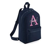 Merch Kingdom Personalised Letter Backpack - Any Name Rucksack - Girls Mini School Bag - Great for PE, After School Club and Nursery - Navy w/Pink Letter