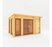 Mercia 4.1 x 3 m Studio Pent Log Cabin w/ Side Shed, Oak UPVC Windows & Doors in Brown Mercia Brown