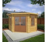 Mercia Corner 10' 4" x 10' 2" Hip Log Cabin - Premium 44mm Cladding Loglap - Brown UPVC