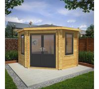 Mercia Corner 10' 4" x 10' 2" Hip Log Cabin - Premium 44mm Cladding Loglap - Grey UPVC