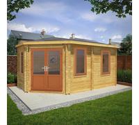 Mercia Corner 10' 4" x 16' 8" Hip Log Cabin - Premium 44mm Cladding Loglap - Brown UPVC