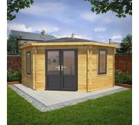 Mercia Corner 13' 7" x 13' 5" Hip Log Cabin - Premium 44mm Cladding Loglap - Grey UPVC