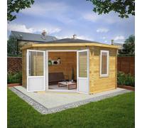 Mercia Corner 13' 7" x 13' 5" Hip Log Cabin - Premium 44mm Cladding Loglap - White UPVC