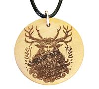 Mercian Forest Cernunnos Horned God Engraved Wooden Pendant Necklace Pagan Jewellery Wiccan Witch Druid 30mm Disk 19.5" Cord with Extension Chain