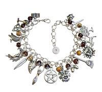 Mercian Forest Pagan Ways Charm Bracelet with Picture Jasper Gemstone and Glass Beads, Handmade Pagan Jewellery with Witchcraft Themed Imagry Wicca Wiccan Witchcraft