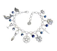 Mercian Forest Wiccan Witch Charm Bracelet with Lapis Lazuli Gemstone and Glass Crystal Beads, Handmade Pagan Jewellery with Witchcraft Themed Imagry Wicca Witches
