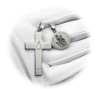 MERCILIA MEISHILAI 1 Pair Catholic Marie Julie Jahenny of Benediction with Protection Cross of Forgiveness with White Enamel Flame and Our Lady of Good Guard Medal,Holy Cross of Pardon , Stainless