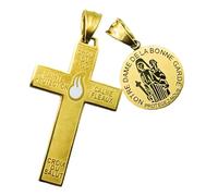 MERCILIA MEISHILAI 1 Pair Catholic Marie Julie Jahenny of Benediction with Protection Cross of Forgiveness with White Enamel Flame and Our Lady of Good Guard Medal,Holy Cross of Pardon , Stainless