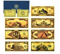 Mercollection 7pc/Set Seven Wonders of The World Gold Foil Banknote Pyramid,Christ Like, Taj Mahal,Great Wall, 100 Dollar Plastic Money Gift