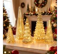 Mercury Glass Christmas Tree, Set of 5 Illuminated Mercury Glass Christmas Trees, Christmas Lighted Tree Figurine Decor, Light Up Silver Plate Glasses Figurine for Xmas Home Party Centerpiece Mantel