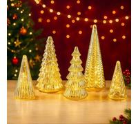 Mercury Glass Christmas Trees Set of 5, Christmas Lighted Tree Figurine Decor, Light Up Silver Plate Glasses Figurine for Xmas Home Party Centerpiece Mantel