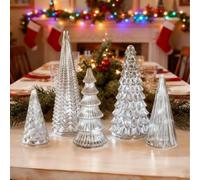 Mercury Glass Christmas Trees Set of 5,Illuminated LED Lighted Glass Tree Figurines for Tabletop,Mantel,Fireplace & Centerpiece,Xmas Home Party Decorations (silver)