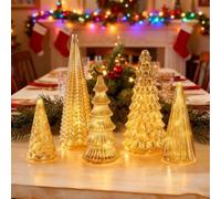 Mercury Glass Christmas Trees Set of 5,Illuminated LED Lighted Glass Tree Figurines for Tabletop,Mantel,Fireplace & Centerpiece,Xmas Home Party Decorations (gold)