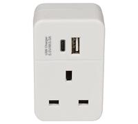 MERCURY Plug Through UK Mains Adaptor With USB A & Power Delivery fast charging USB C Port