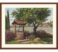 Merejka Counted Cross Stitch Kit - Under the Lemon Tree | Tuscan Well & Cypress Landscape | Zweigart 16-Count Ecru Aida, 37 DMC Colors, John James Needle | 15.4 x 11.8 in