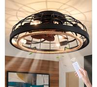 Merexcint - Bohemian Ceiling Fan with Lights and Remote Control, Classic Hand-Woven Rattan Ceiling Fan 6 Speeds and Reversible, Rustic Black with Wooden Blades for
