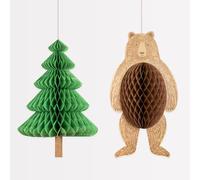 Meri Meri Outdoor Adventures Giant Hanging Decorations (Pack of 2), Outdoorsy Birthday Party Decorations, 3D Honeycomb, Easy To Assemble, Reusable, Bear Decoration - 32.5", Tree Decoration - 31"