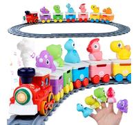 Meribbit Montessori Train Toy with Tracks, Light & Steam Effect, Sensory Dinosaur Finger Toys Set, Educational Toddler Learning Toys for 2 Year Old Boys Girls, Gift for 1-3 Year Old Kids