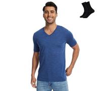 MERINNOVATION Mens Merino Wool V Neck T-Shirt Wicking Merino Wool Undershirt Lightweight Base Layer Hiking Travel, Indigo Blue V, Medium