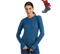 Merino.tech Merino Wool Base Layer Womens - 100% Merino Wool Long Sleeve Thermal Shirts Heavyweight, Midweight, Lite + Wool Socks (Medium, 165 Denim Blue)