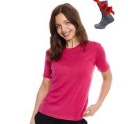 Merino.tech Merino Wool T Shirt Women - 100% Merino Wool Base Layer Womens Short Sleeve Tee + Hiking Socks (Magenta Crewneck, Large)