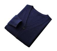 Merino Wool 100 Percent Mens Cardigan Sweater Knitted Coat Solid Long Sleeve Fishermen Sweater Navy Blue